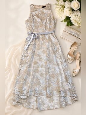 tahari embroidered fit and flare dress Tahari ASL | Embroidered Hi-Low Dress | Taupe Silver
